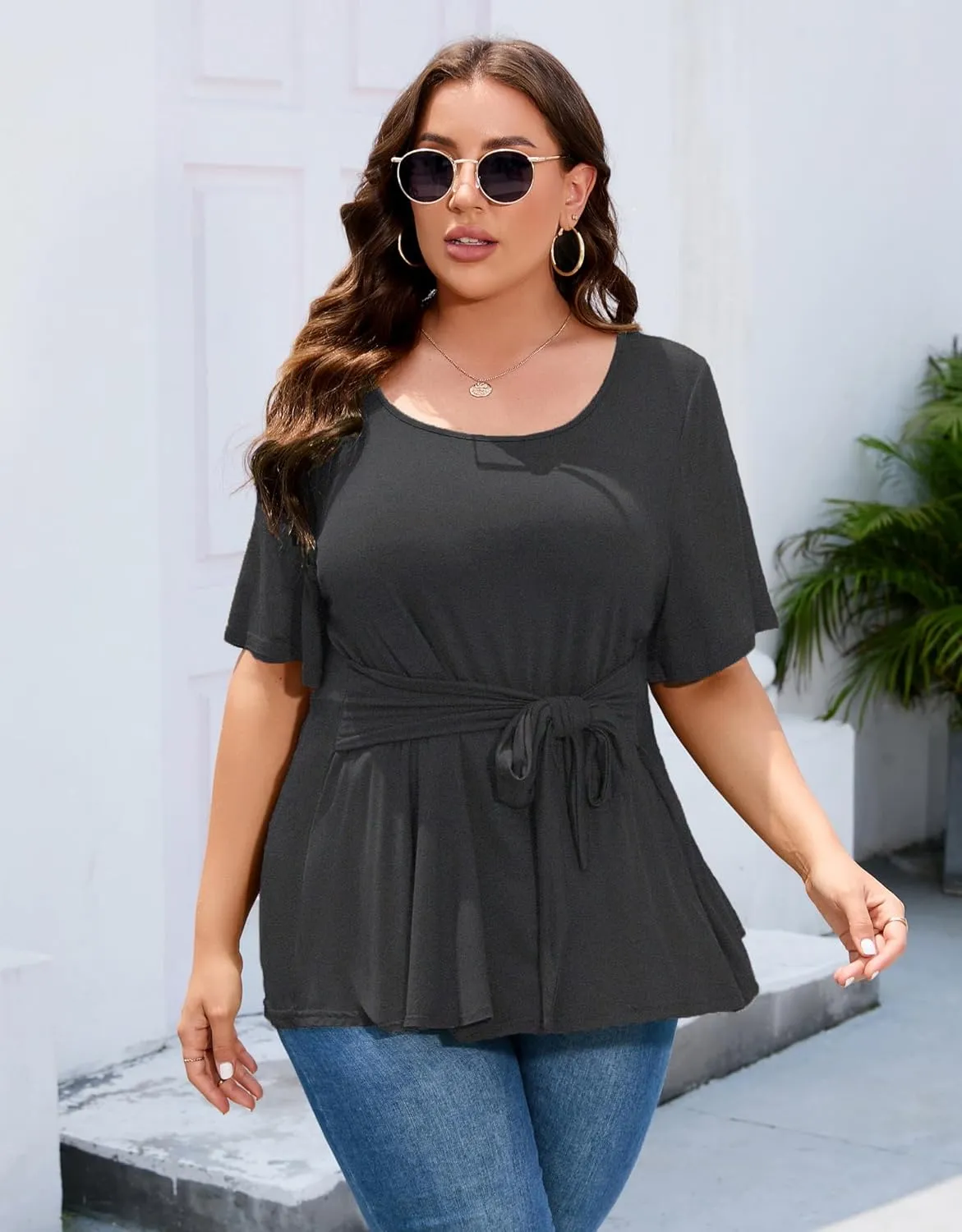 Women's Plus Size Dressy Top Plus Size T Shirt Short Sleeve Tunic Top Plus Size Scoop Neck Summer Blouse Shirt with Wrap Belt