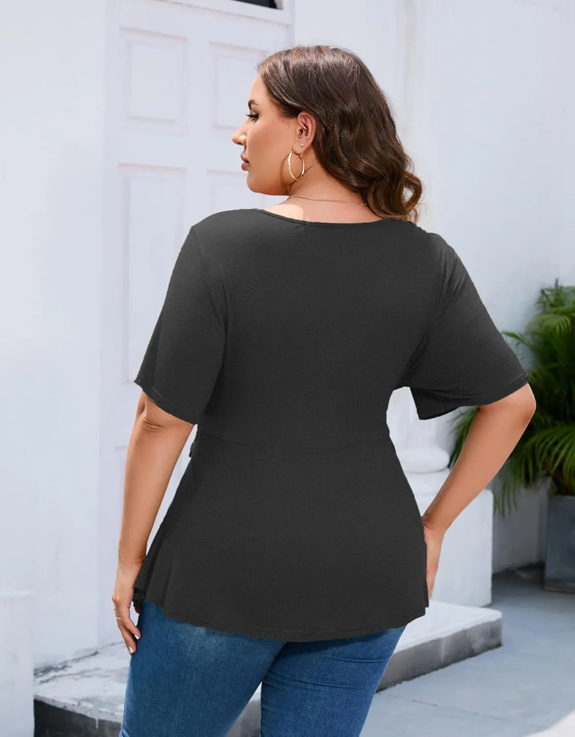 Women's Plus Size Dressy Top Plus Size T Shirt Short Sleeve Tunic Top Plus Size Scoop Neck Summer Blouse Shirt with Wrap Belt