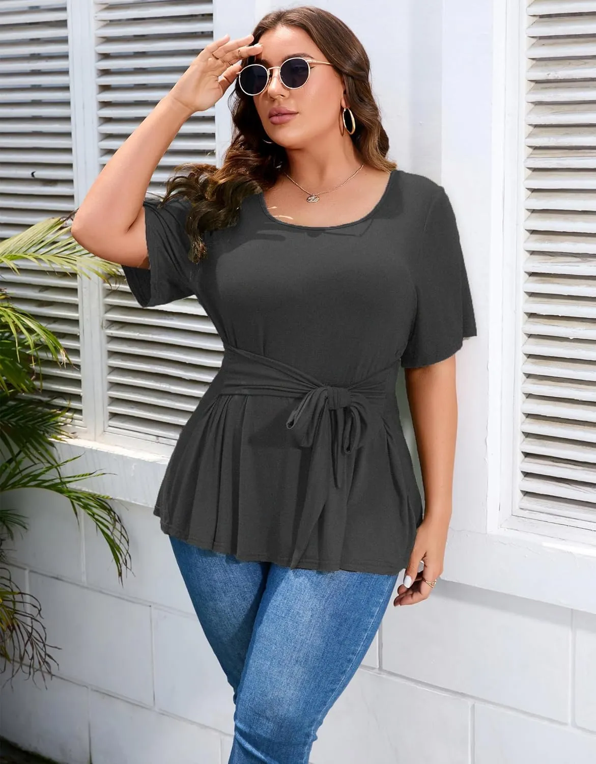 Women's Plus Size Dressy Top Plus Size T Shirt Short Sleeve Tunic Top Plus Size Scoop Neck Summer Blouse Shirt with Wrap Belt