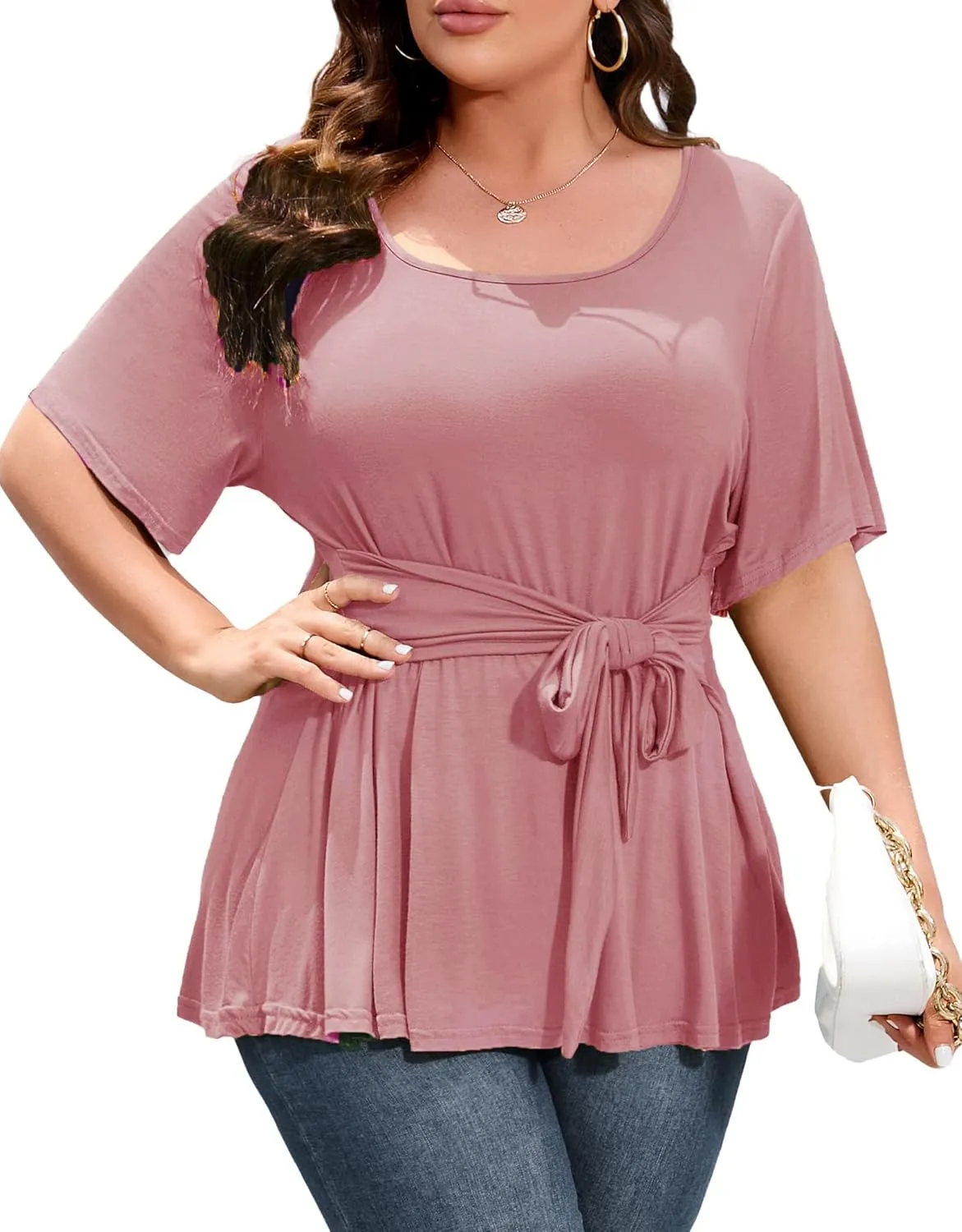 Women's Plus Size Dressy Top Plus Size T Shirt Short Sleeve Tunic Top Plus Size Scoop Neck Summer Blouse Shirt with Wrap Belt