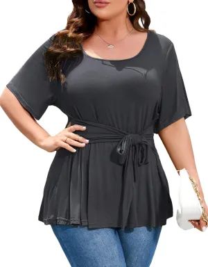 Women's Plus Size Dressy Top Plus Size T Shirt Short Sleeve Tunic Top Plus Size Scoop Neck Summer Blouse Shirt with Wrap Belt