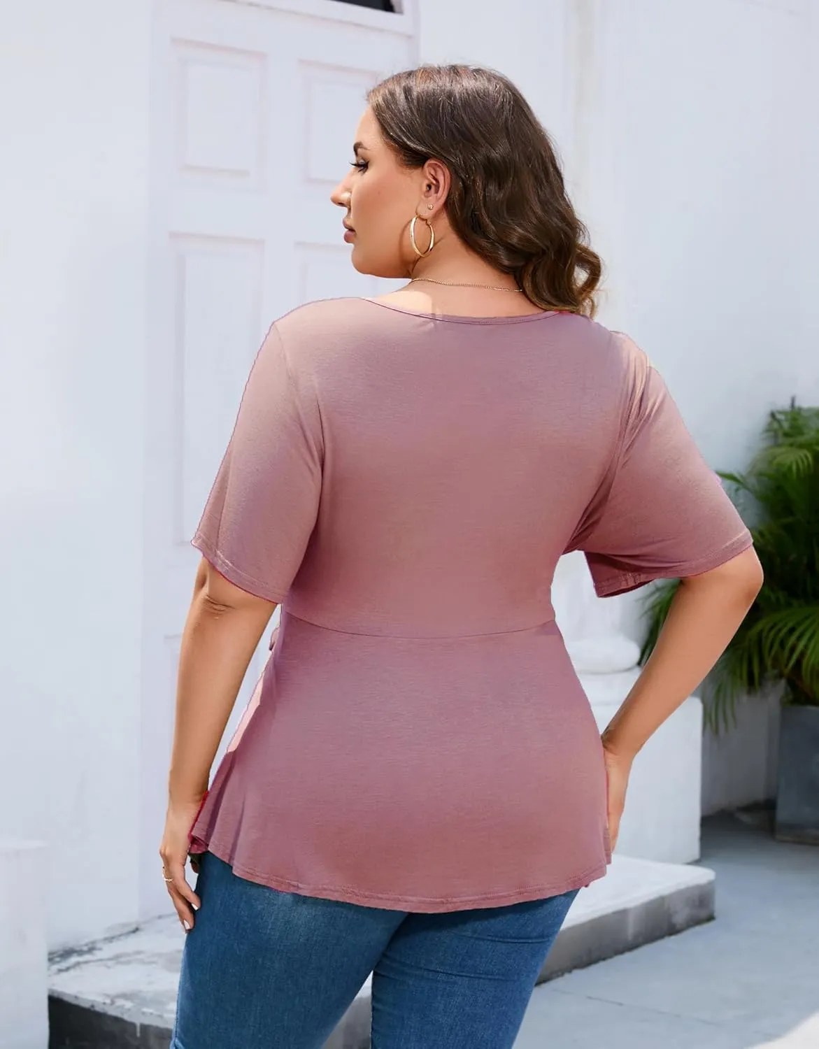 Women's Plus Size Dressy Top Plus Size T Shirt Short Sleeve Tunic Top Plus Size Scoop Neck Summer Blouse Shirt with Wrap Belt