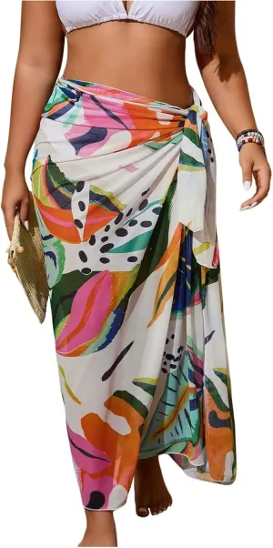 Women's Plus Size Tropical Wrap Beach Skirts Sheer Mesh Knot Side Maxi Bathing Suit Cover Up Sarong