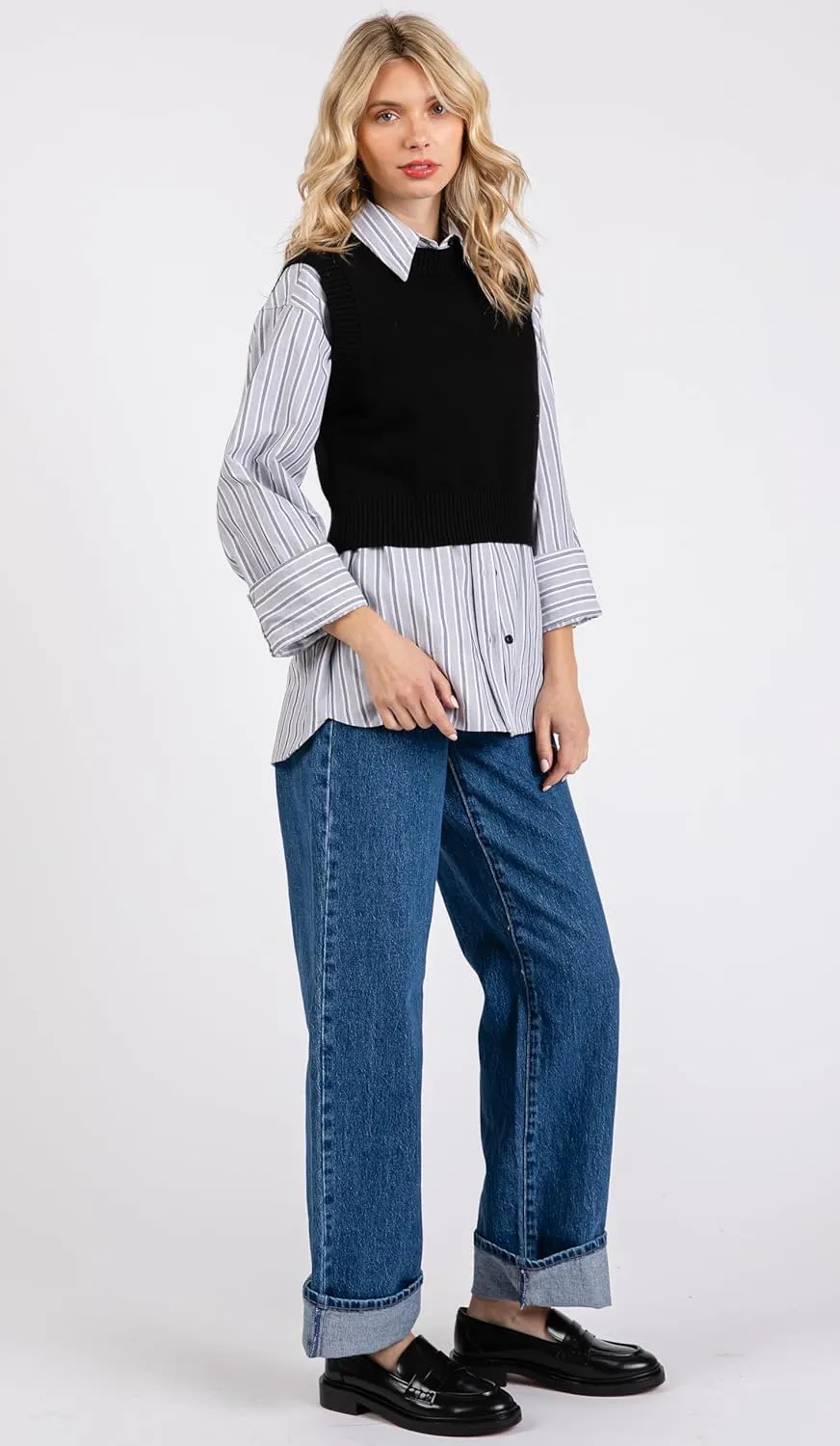 Women's Striped Button Down Shirts Long Sleeve Wide Cuffed Oversized Boyfriend Blouses Collared Business Work Tops