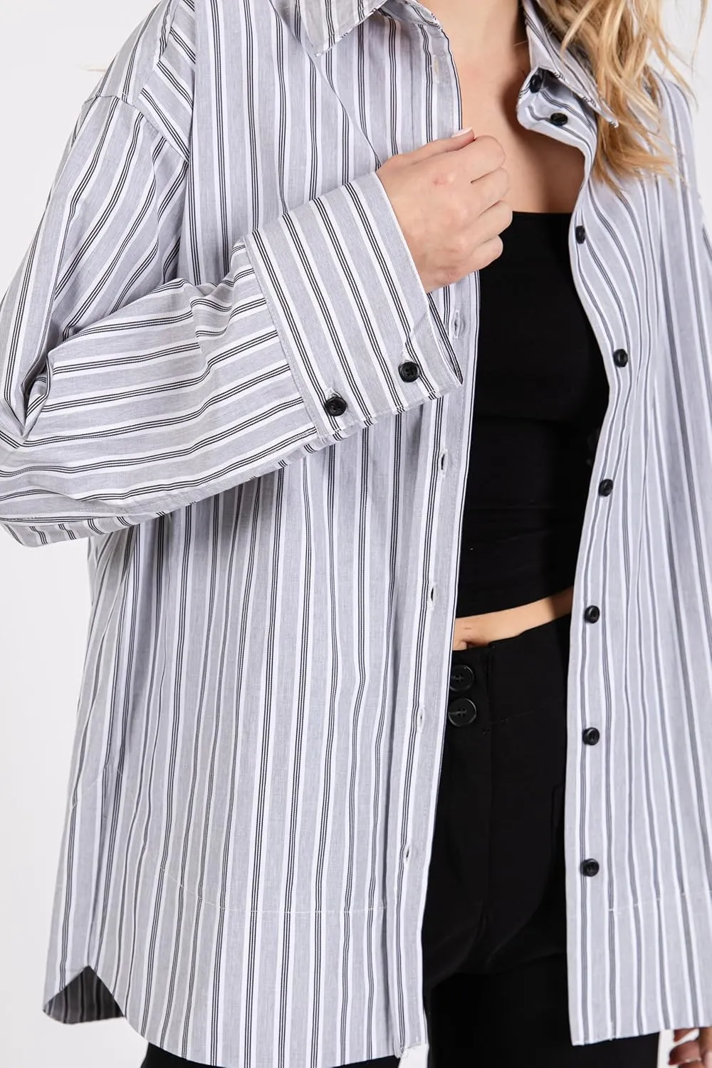 Women's Striped Button Down Shirts Long Sleeve Wide Cuffed Oversized Boyfriend Blouses Collared Business Work Tops
