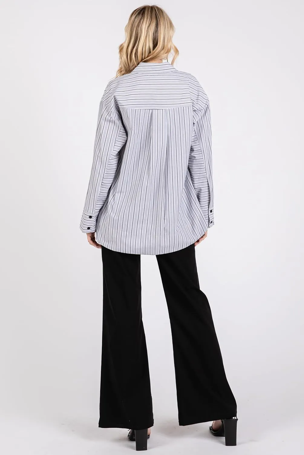 Women's Striped Button Down Shirts Long Sleeve Wide Cuffed Oversized Boyfriend Blouses Collared Business Work Tops