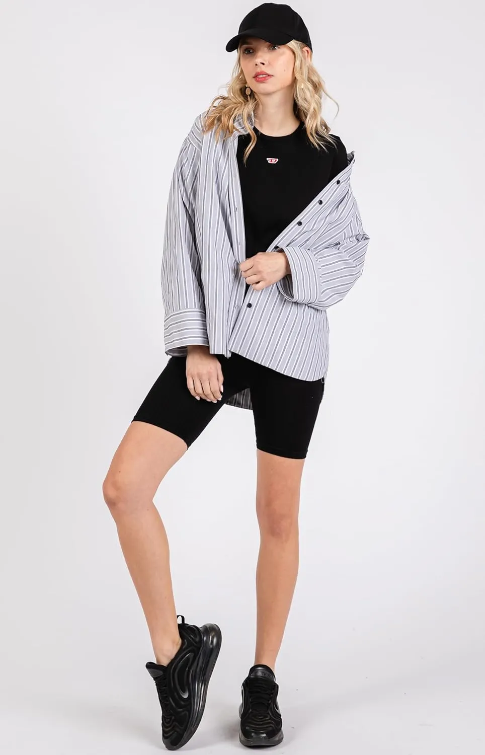 Women's Striped Button Down Shirts Long Sleeve Wide Cuffed Oversized Boyfriend Blouses Collared Business Work Tops