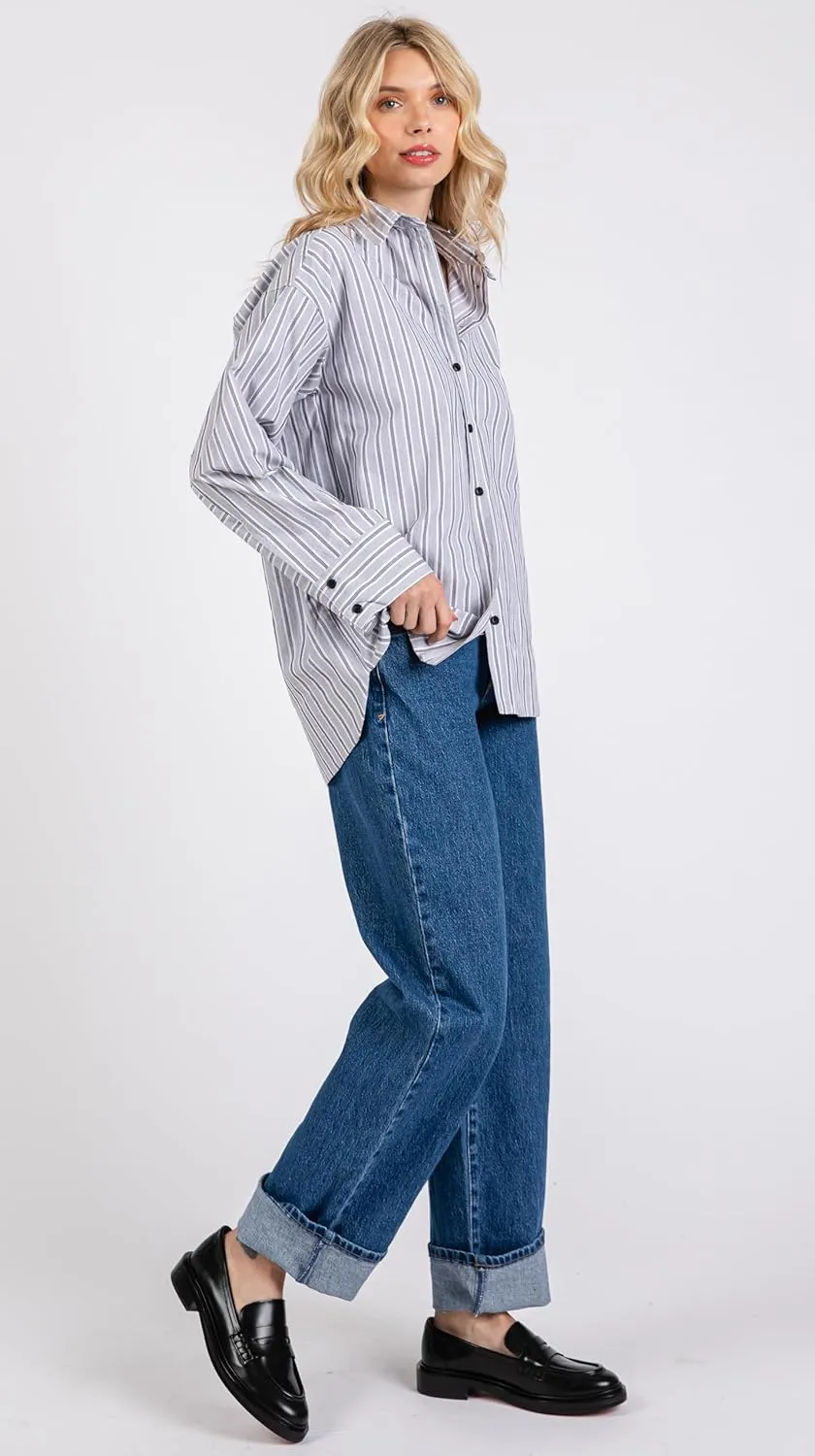 Women's Striped Button Down Shirts Long Sleeve Wide Cuffed Oversized Boyfriend Blouses Collared Business Work Tops