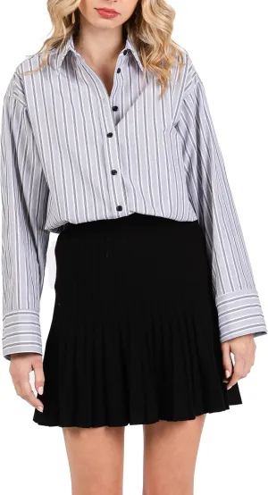 Women's Striped Button Down Shirts Long Sleeve Wide Cuffed Oversized Boyfriend Blouses Collared Business Work Tops