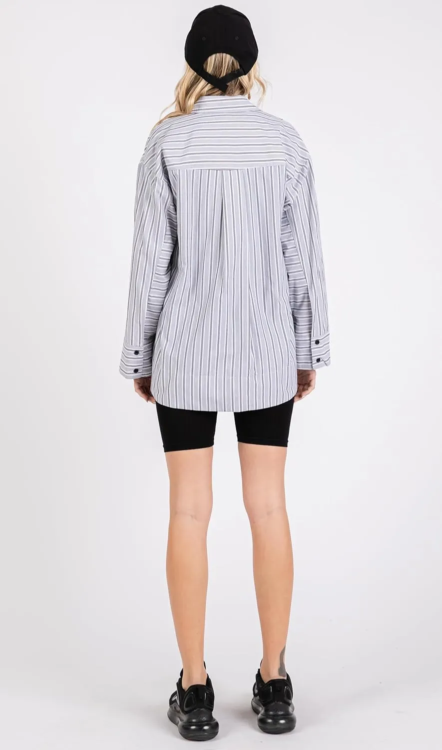 Women's Striped Button Down Shirts Long Sleeve Wide Cuffed Oversized Boyfriend Blouses Collared Business Work Tops