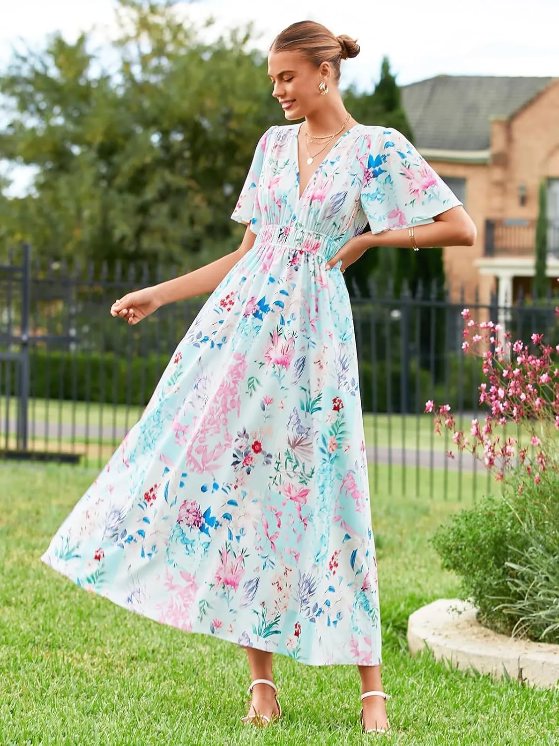 Womens V Neck Flutter Sleeve Boho Midi Dress Summer Wedding Guest Beach Party Long Dresses