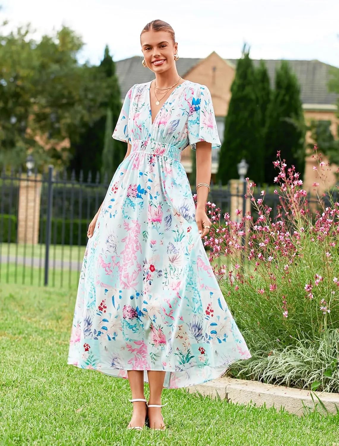 Womens V Neck Flutter Sleeve Boho Midi Dress Summer Wedding Guest Beach Party Long Dresses