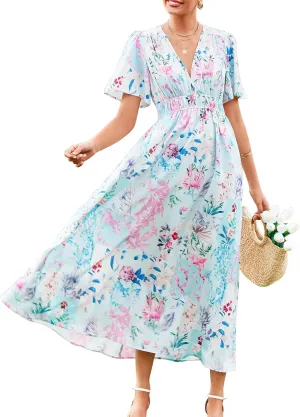 Womens V Neck Flutter Sleeve Boho Midi Dress Summer Wedding Guest Beach Party Long Dresses