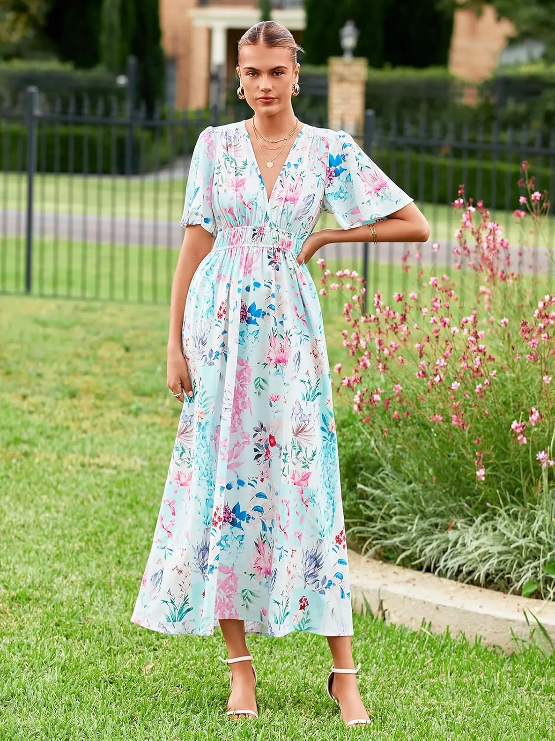 Womens V Neck Flutter Sleeve Boho Midi Dress Summer Wedding Guest Beach Party Long Dresses
