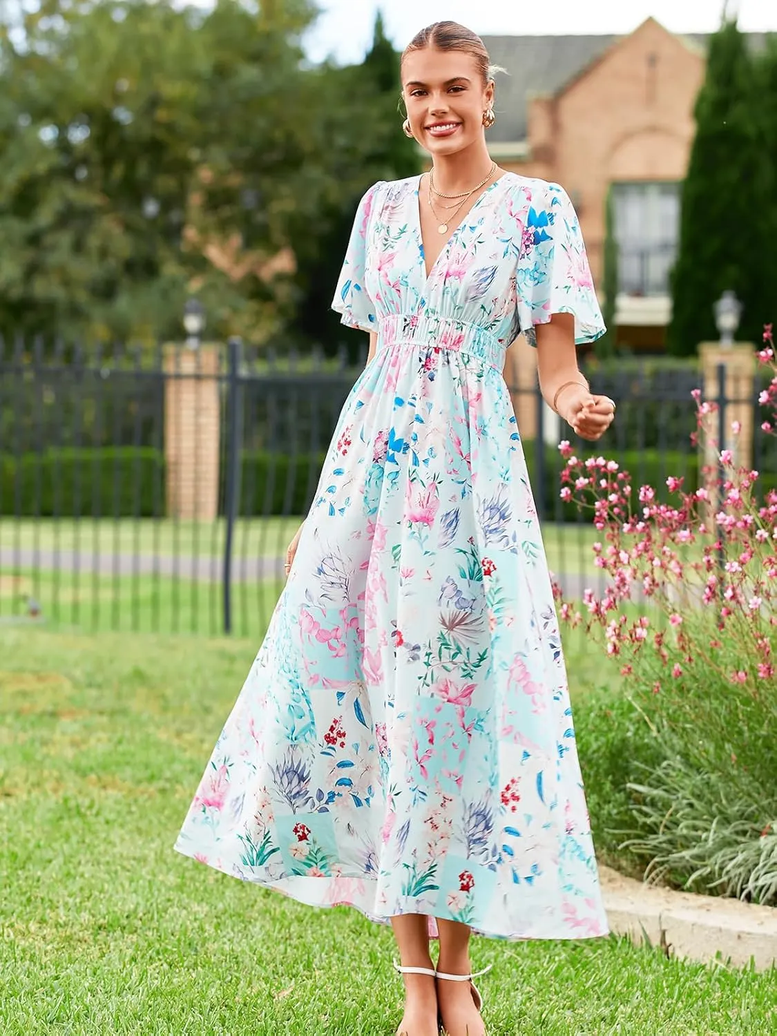 Womens V Neck Flutter Sleeve Boho Midi Dress Summer Wedding Guest Beach Party Long Dresses
