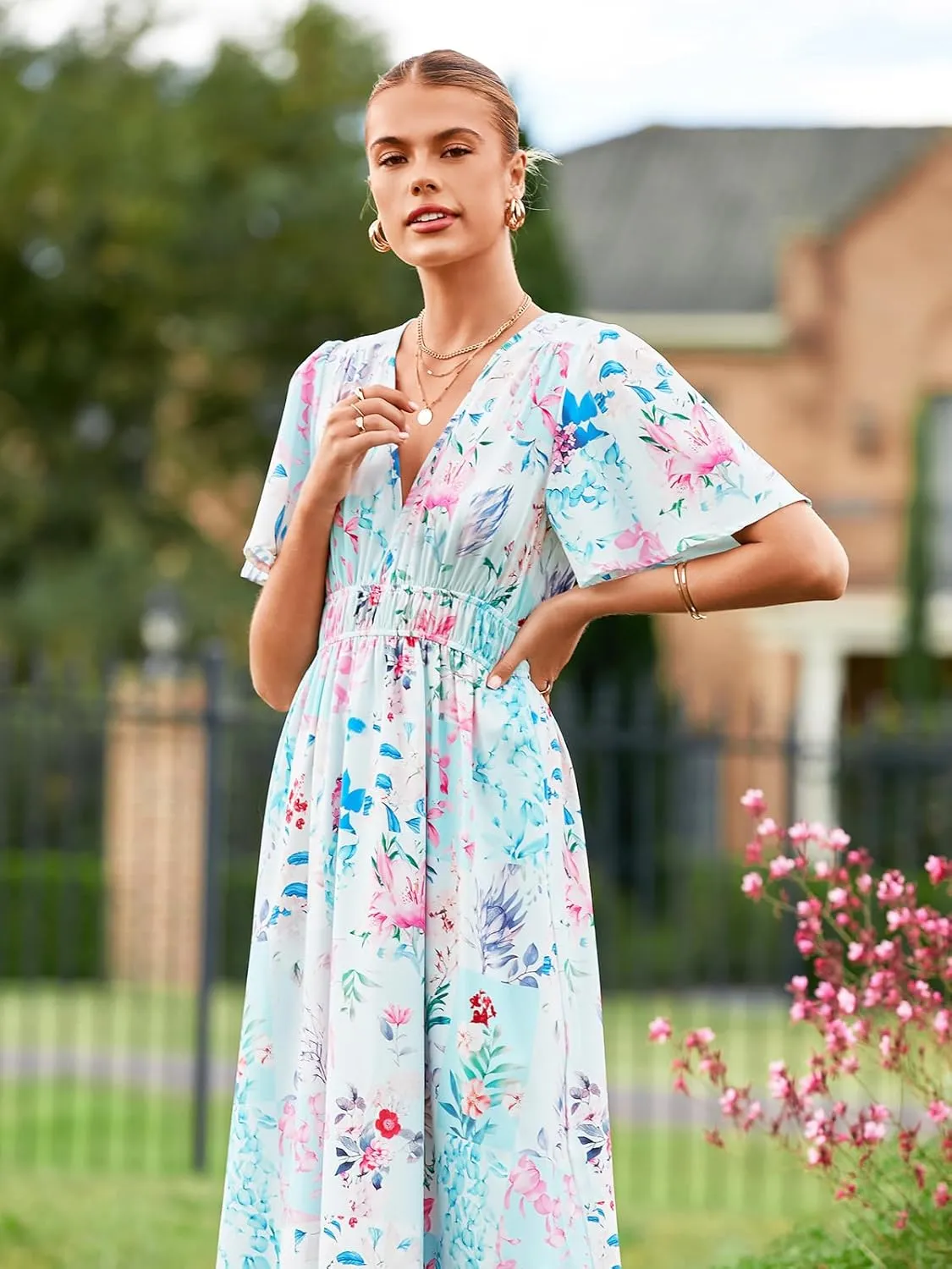 Womens V Neck Flutter Sleeve Boho Midi Dress Summer Wedding Guest Beach Party Long Dresses