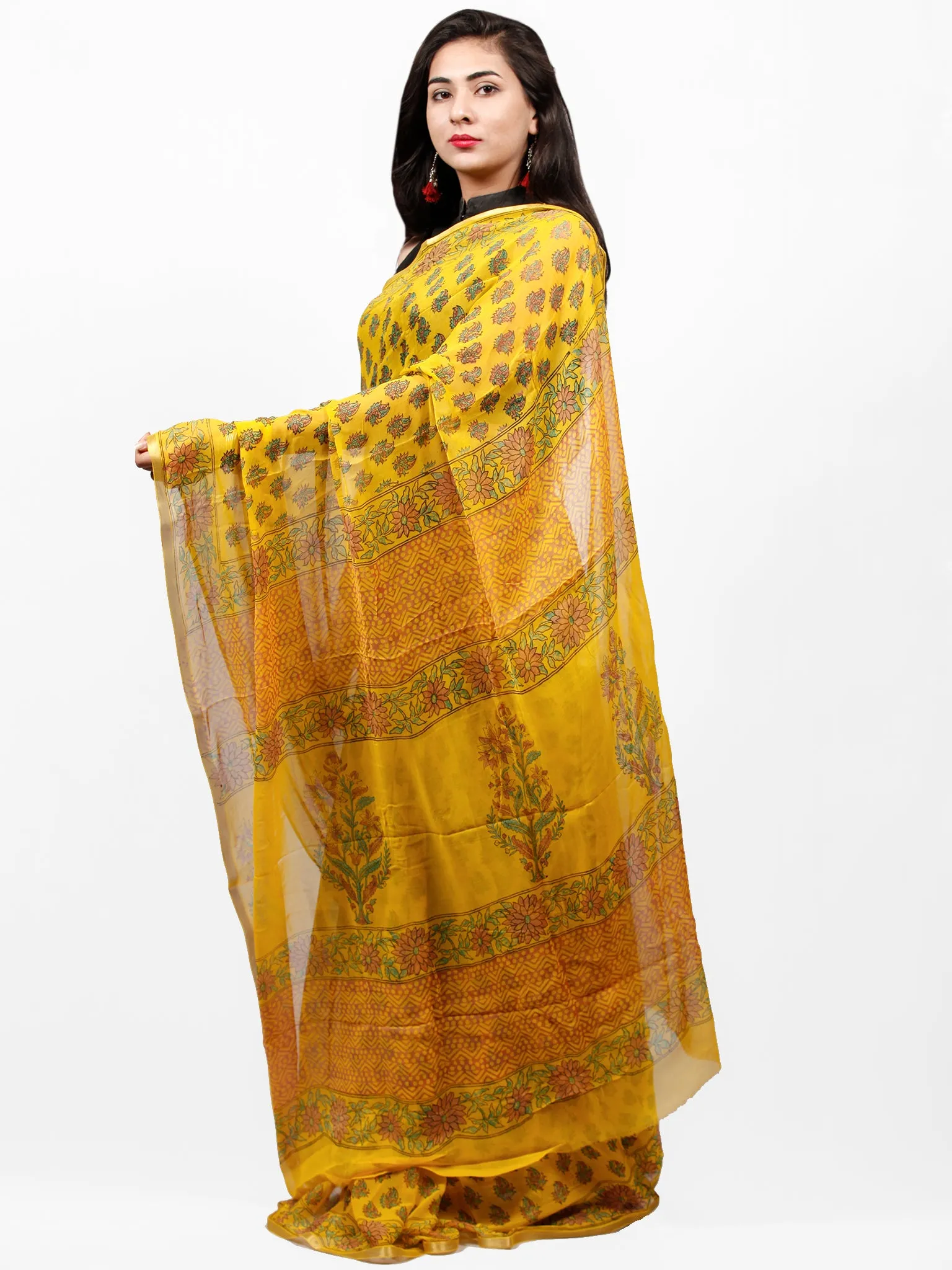 Yellow Green Red Hand Block Printed Chiffon Saree with Zari Border - S031703294