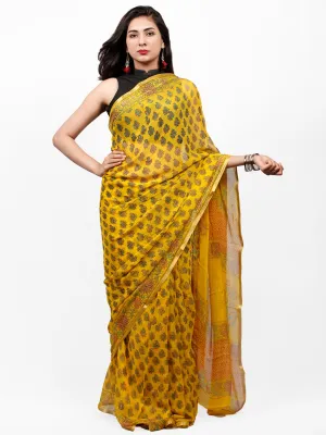 Yellow Green Red Hand Block Printed Chiffon Saree with Zari Border - S031703294