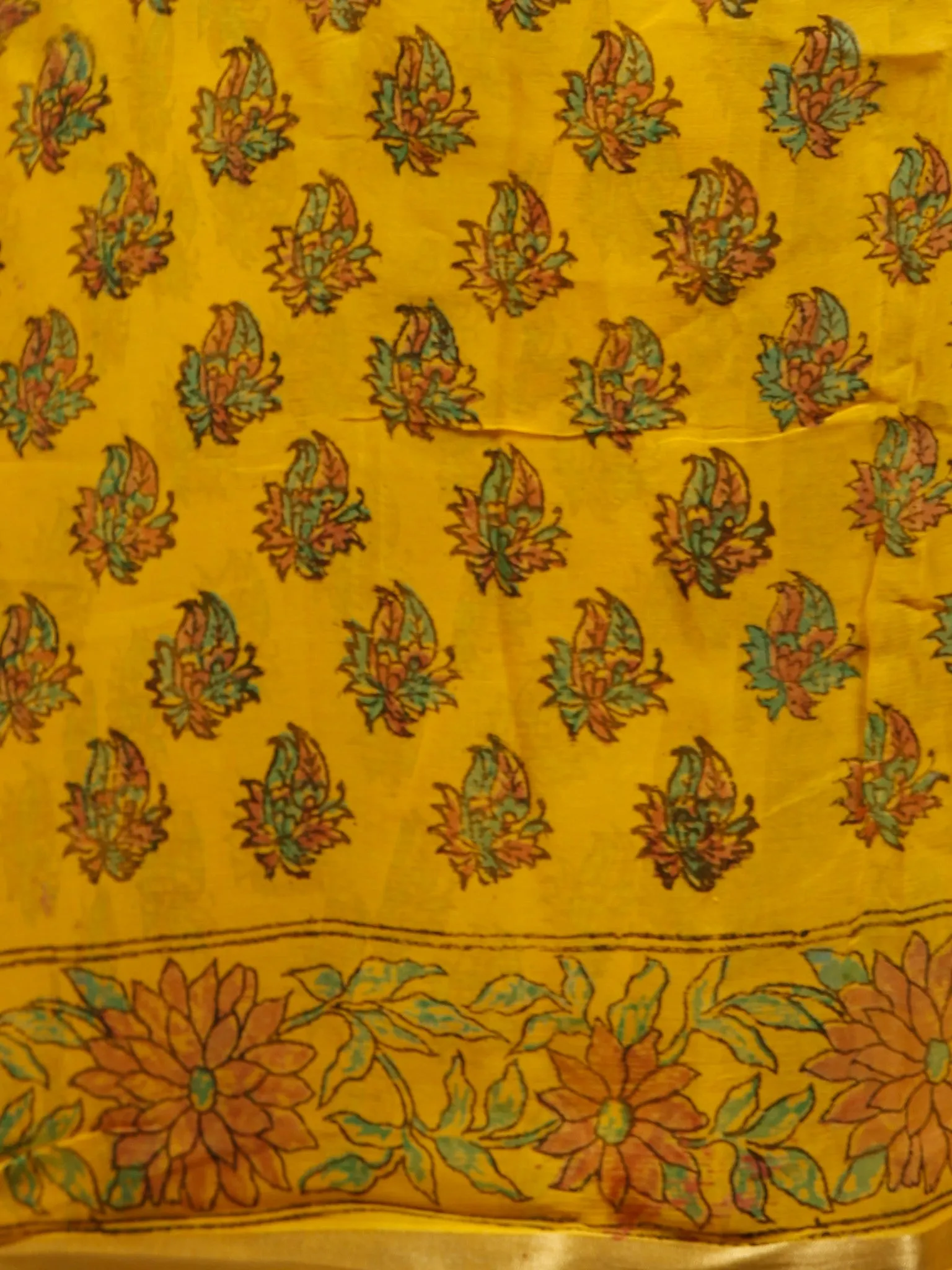 Yellow Green Red Hand Block Printed Chiffon Saree with Zari Border - S031703294