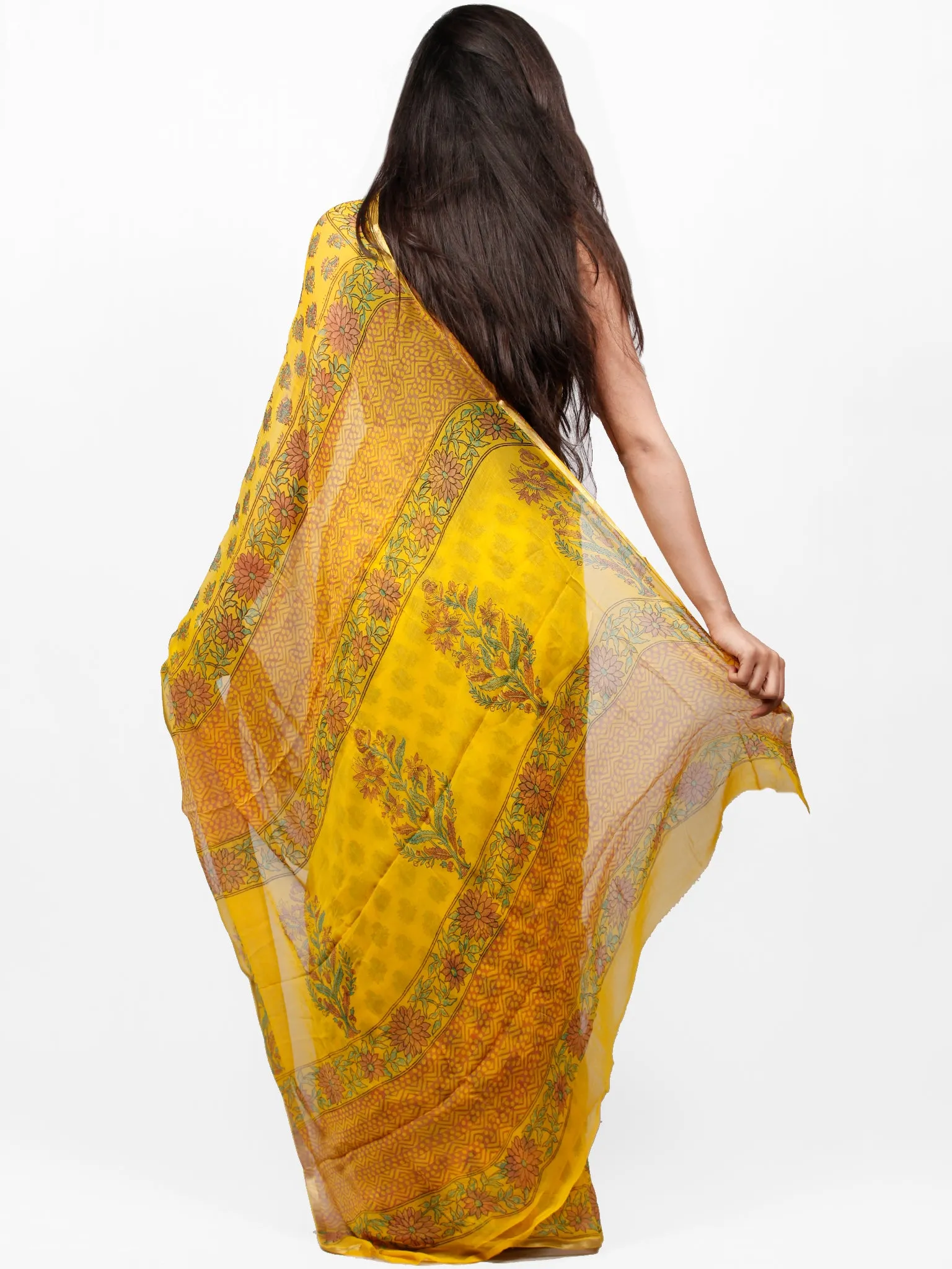 Yellow Green Red Hand Block Printed Chiffon Saree with Zari Border - S031703294