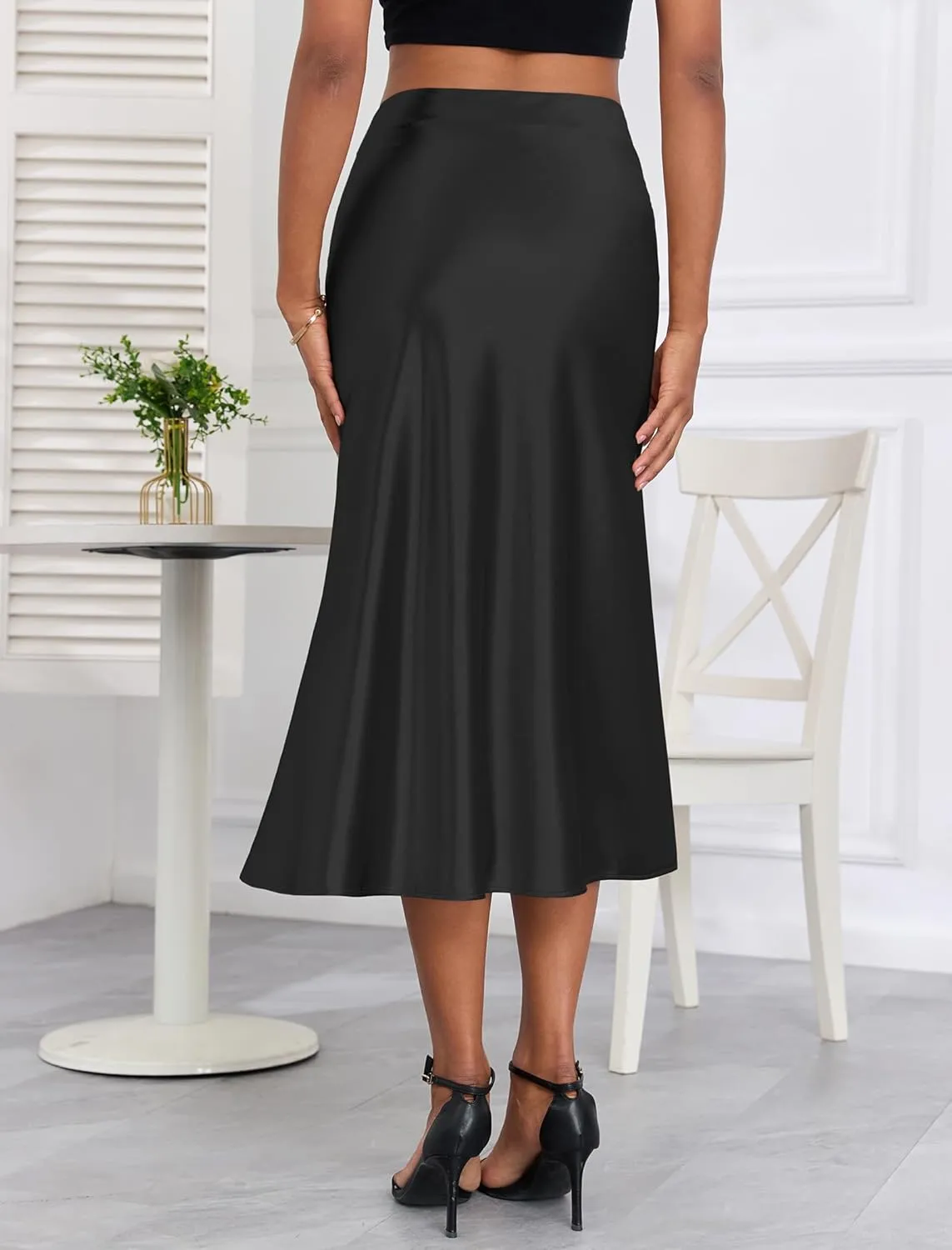 ZAFUL Women Satin Silk Midi Skirts Elegant High Waist Hidden Side Zipper Elastic Waist Flared A Line Skirts