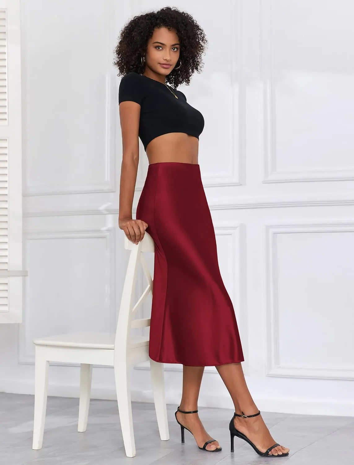 ZAFUL Women Satin Silk Midi Skirts Elegant High Waist Hidden Side Zipper Elastic Waist Flared A Line Skirts