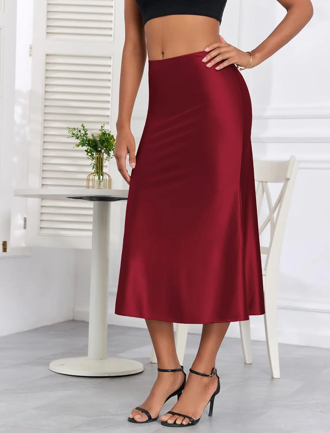 ZAFUL Women Satin Silk Midi Skirts Elegant High Waist Hidden Side Zipper Elastic Waist Flared A Line Skirts