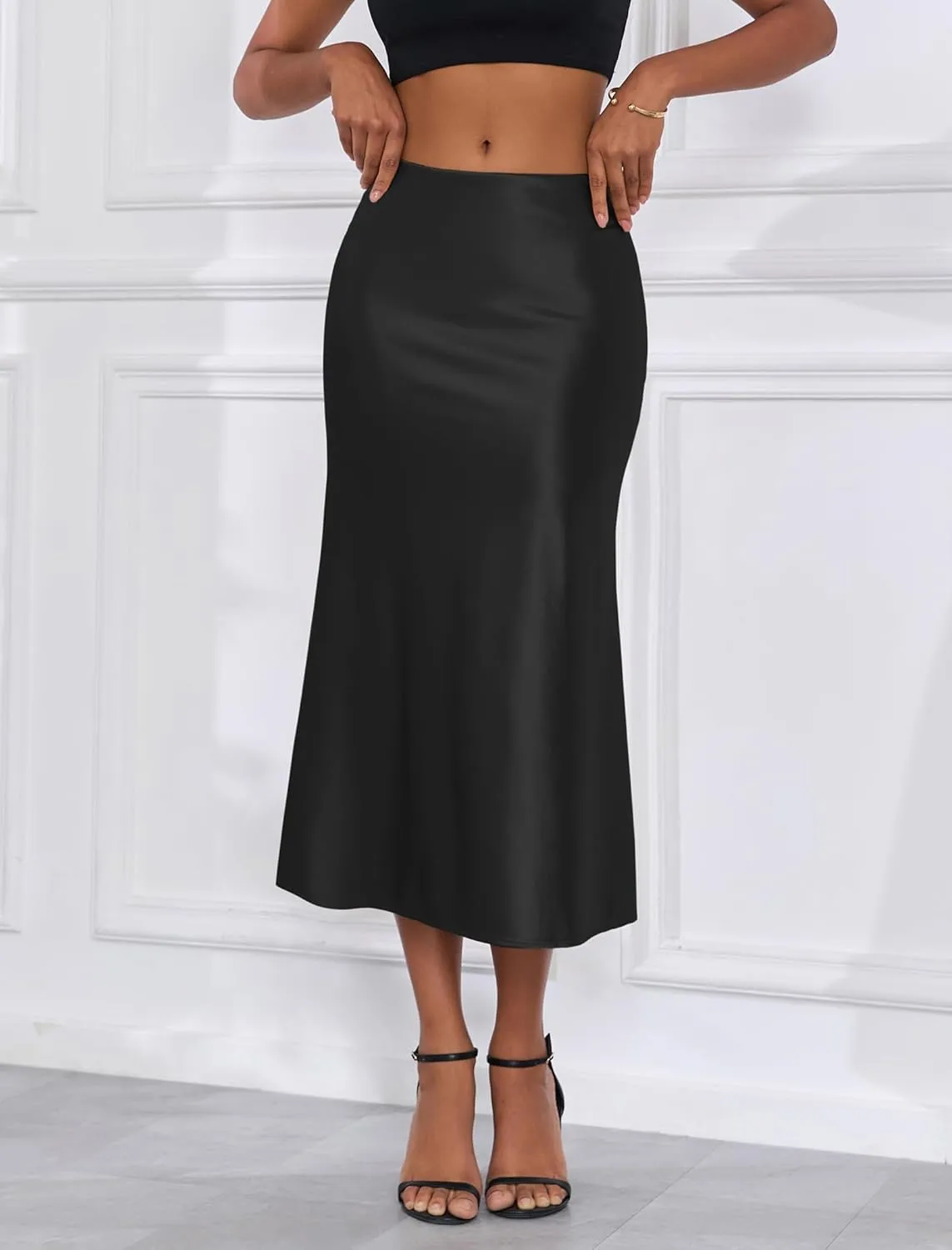 ZAFUL Women Satin Silk Midi Skirts Elegant High Waist Hidden Side Zipper Elastic Waist Flared A Line Skirts