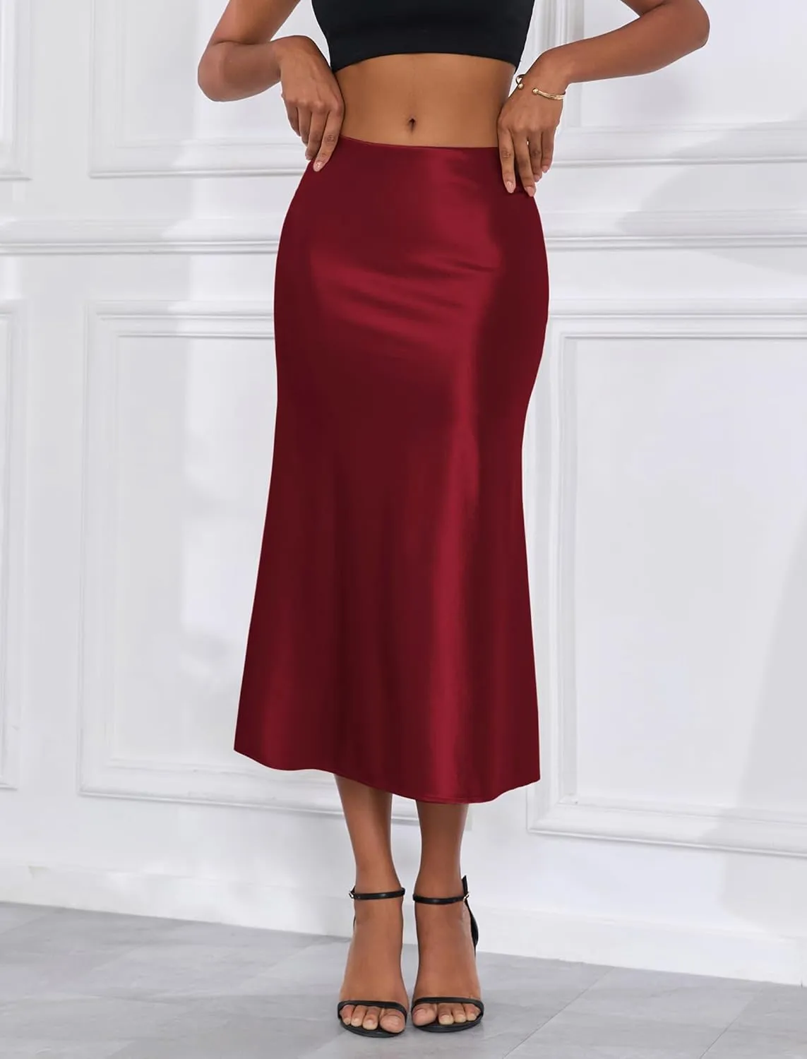 ZAFUL Women Satin Silk Midi Skirts Elegant High Waist Hidden Side Zipper Elastic Waist Flared A Line Skirts