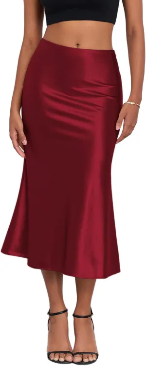 ZAFUL Women Satin Silk Midi Skirts Elegant High Waist Hidden Side Zipper Elastic Waist Flared A Line Skirts