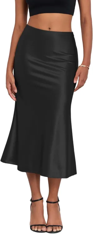 ZAFUL Women Satin Silk Midi Skirts Elegant High Waist Hidden Side Zipper Elastic Waist Flared A Line Skirts