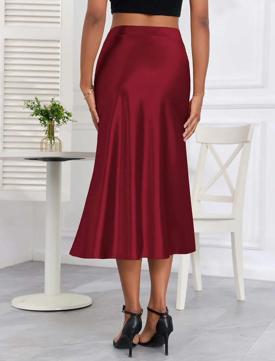 ZAFUL Women Satin Silk Midi Skirts Elegant High Waist Hidden Side Zipper Elastic Waist Flared A Line Skirts