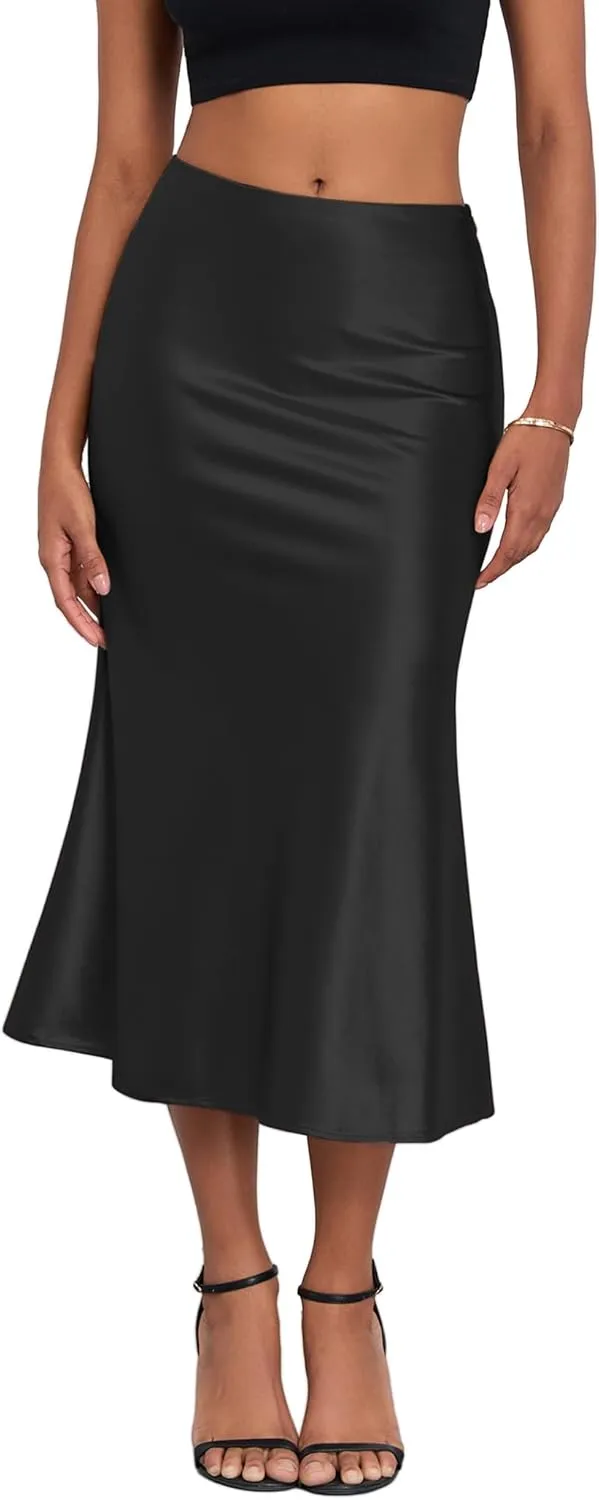 ZAFUL Women Satin Silk Midi Skirts Elegant High Waist Hidden Side Zipper Elastic Waist Flared A Line Skirts