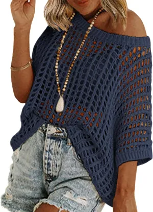 Zeagoo Short Sleeve Crochet Sweater Lightweight Summer Tops Loose Hollow Out Crewneck Pullover