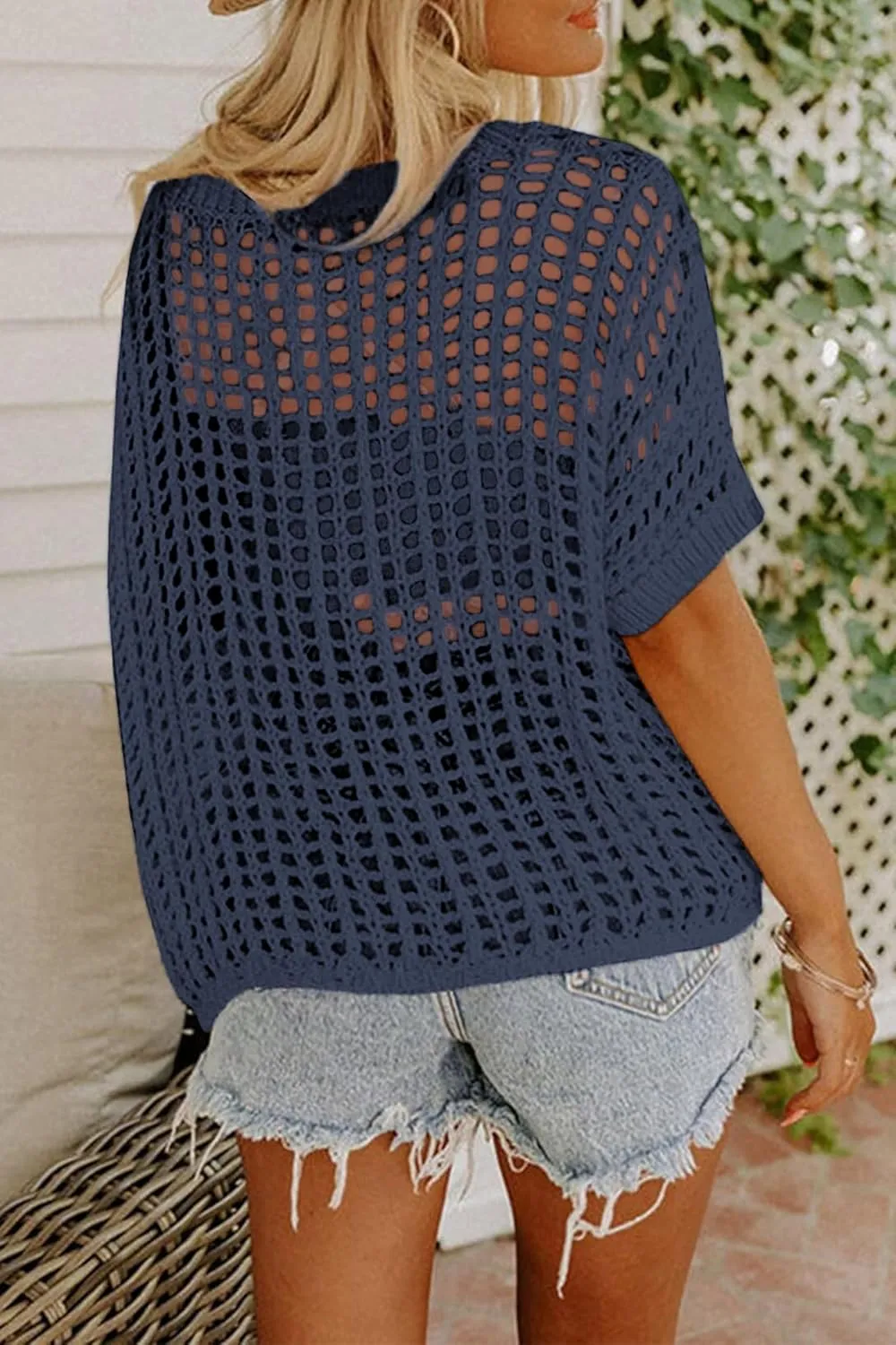 Zeagoo Short Sleeve Crochet Sweater Lightweight Summer Tops Loose Hollow Out Crewneck Pullover
