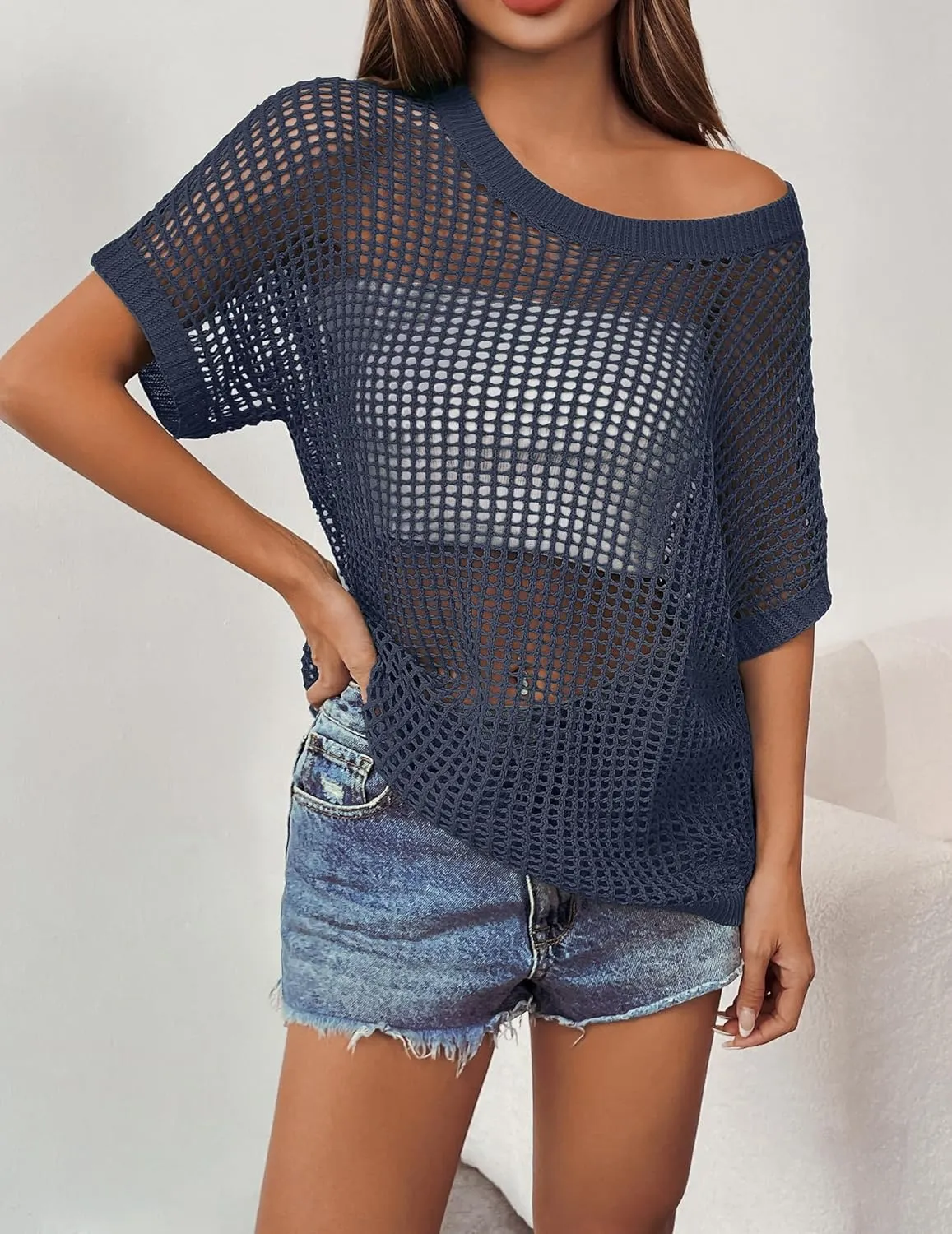 Zeagoo Short Sleeve Crochet Sweater Lightweight Summer Tops Loose Hollow Out Crewneck Pullover