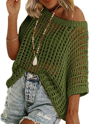 Zeagoo Short Sleeve Crochet Sweater Lightweight Summer Tops Loose Hollow Out Crewneck Pullover