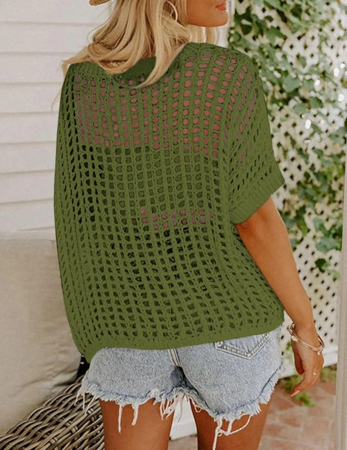 Zeagoo Short Sleeve Crochet Sweater Lightweight Summer Tops Loose Hollow Out Crewneck Pullover