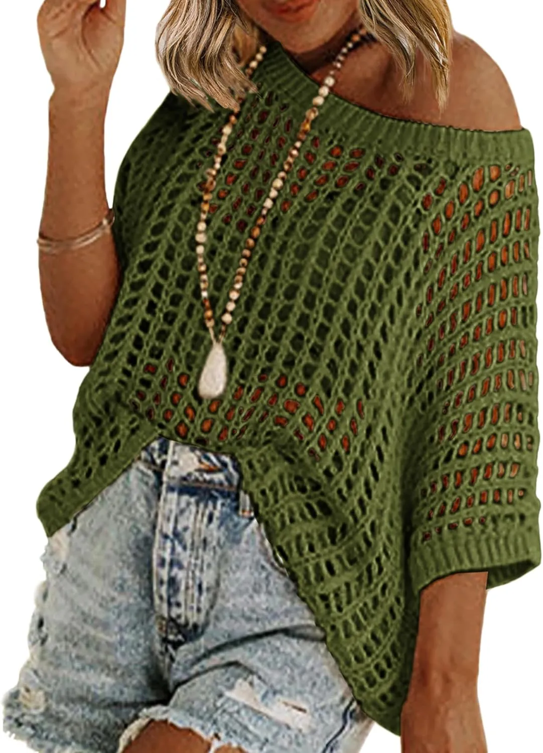 Zeagoo Short Sleeve Crochet Sweater Lightweight Summer Tops Loose Hollow Out Crewneck Pullover