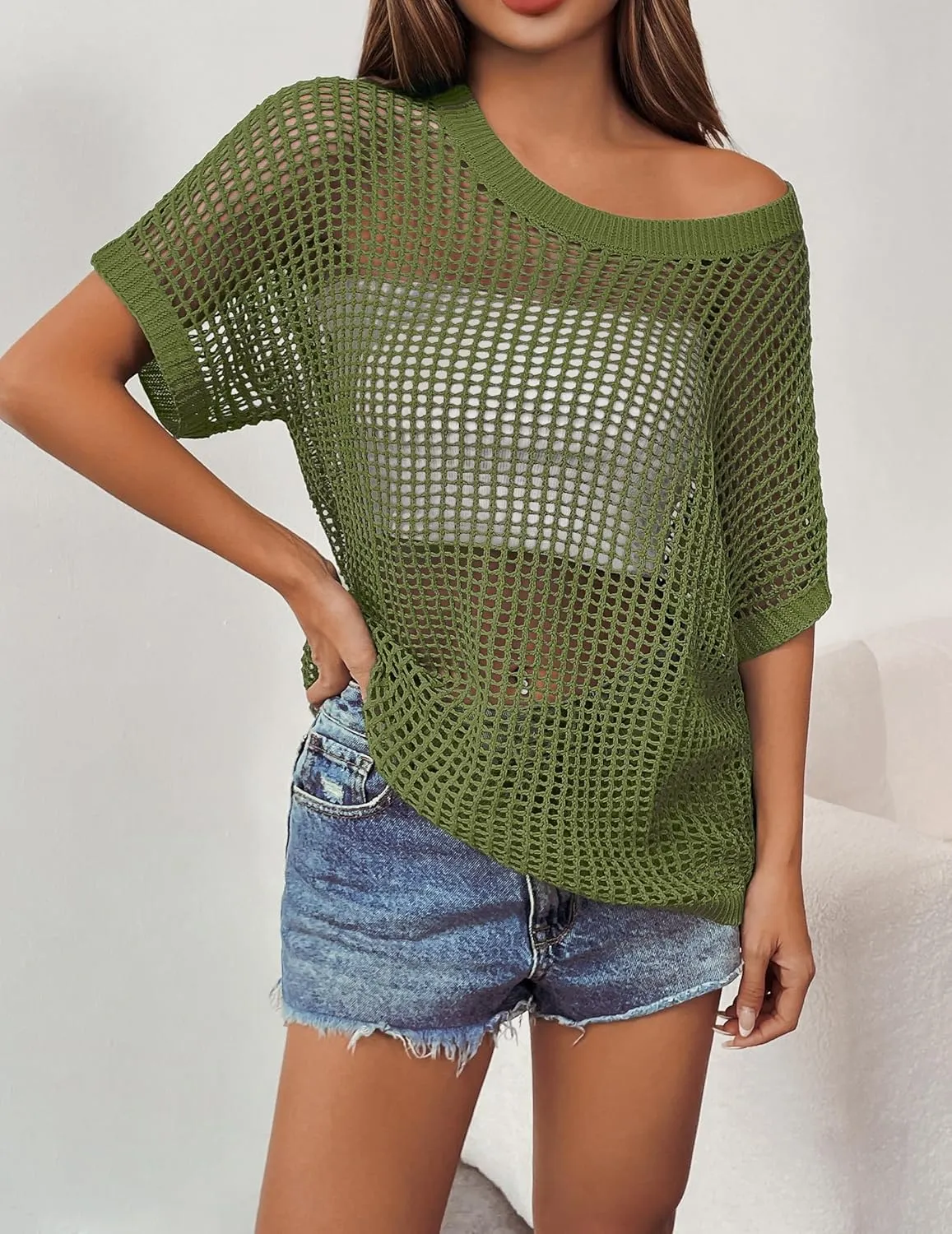 Zeagoo Short Sleeve Crochet Sweater Lightweight Summer Tops Loose Hollow Out Crewneck Pullover