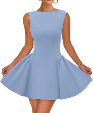 ZESICA Women's 2025 Summer Sleeveless Cocktail Mini Dress Boat Neck Backless Swing A Line Wedding Club Party Short Dresses