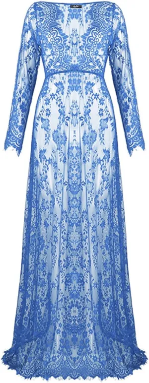 ZIUMUDY Sexy Deep V-Neck Long Sleeve Lace Beach See-Through Maternity Maxi Dress