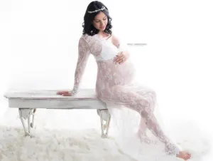 ZIUMUDY Sexy Deep V-Neck Long Sleeve Lace Beach See-Through Maternity Maxi Dress