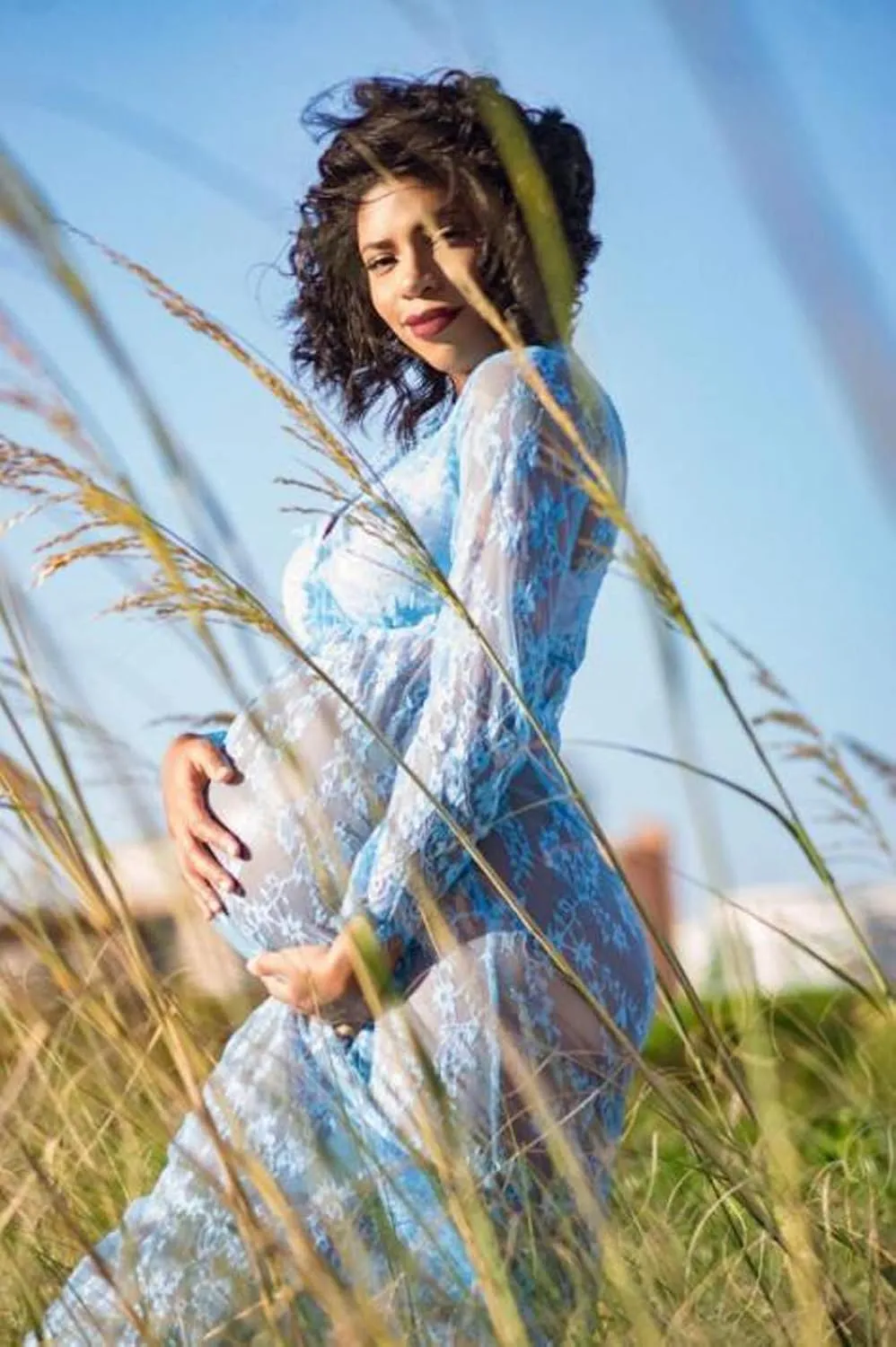 ZIUMUDY Sexy Deep V-Neck Long Sleeve Lace Beach See-Through Maternity Maxi Dress