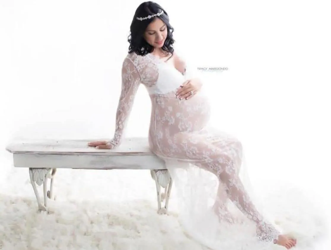 ZIUMUDY Sexy Deep V-Neck Long Sleeve Lace Beach See-Through Maternity Maxi Dress