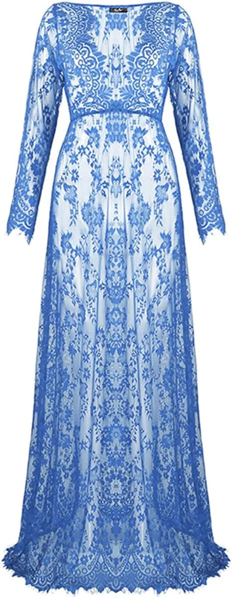 ZIUMUDY Sexy Deep V-Neck Long Sleeve Lace Beach See-Through Maternity Maxi Dress