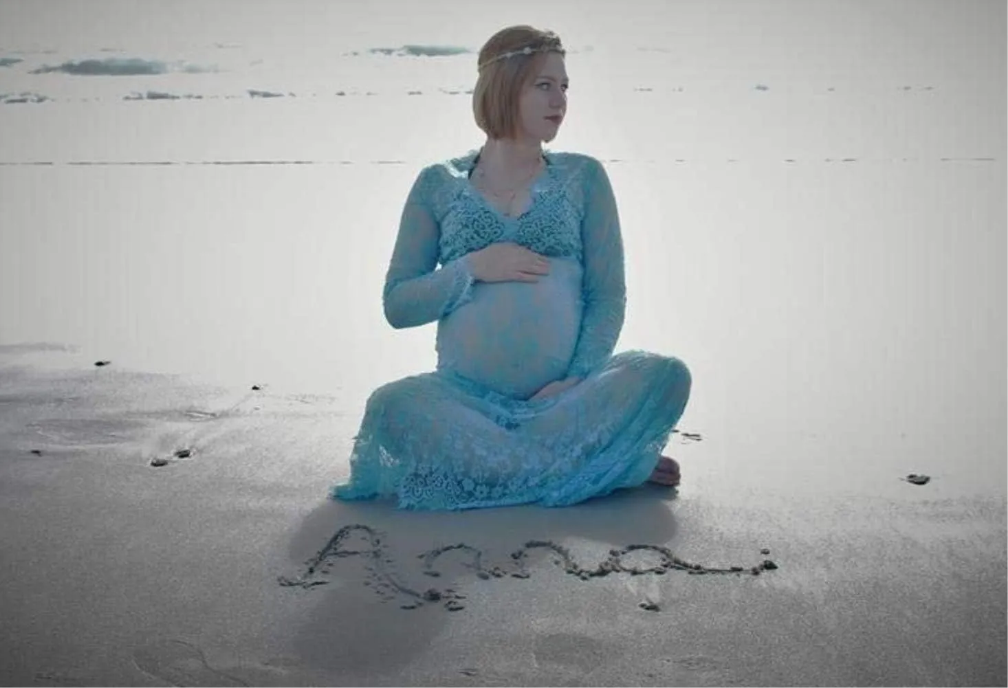 ZIUMUDY Sexy Deep V-Neck Long Sleeve Lace Beach See-Through Maternity Maxi Dress