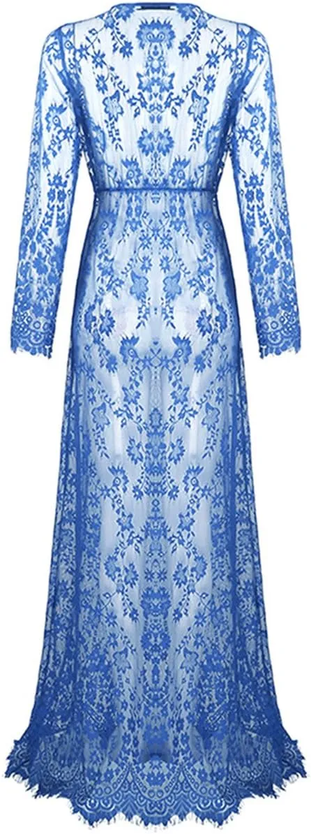 ZIUMUDY Sexy Deep V-Neck Long Sleeve Lace Beach See-Through Maternity Maxi Dress